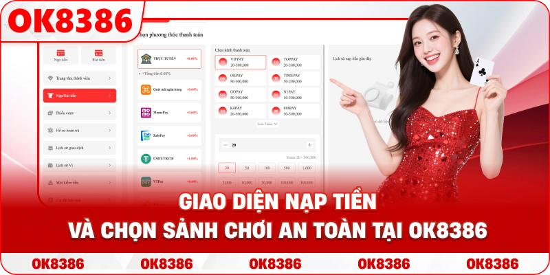 Giao diện nạp tiền và chọn sảnh chơi an toàn tại OK8386.
